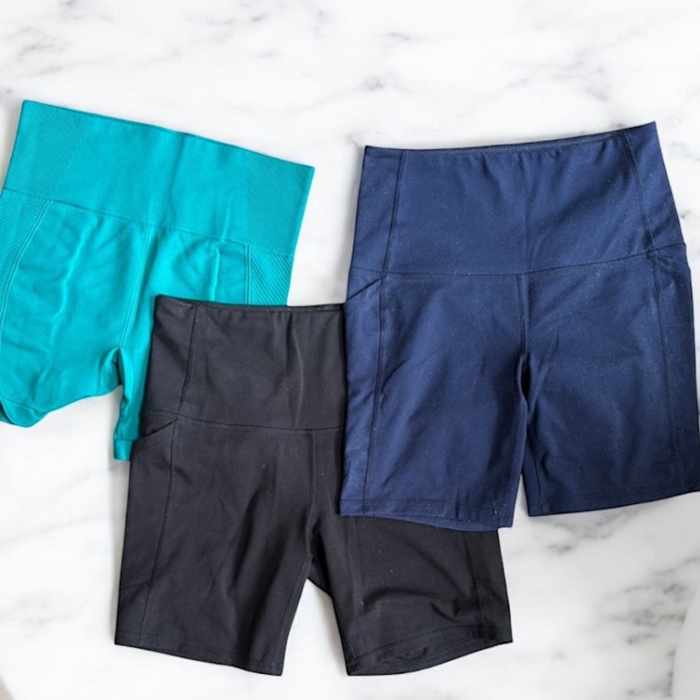 Women's Blue, Black, and Teal Bike length workout shorts Set gym spandex booty